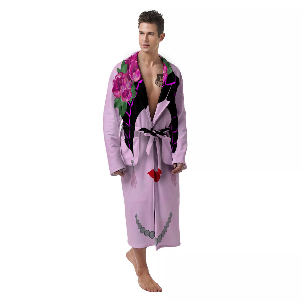 Pink Flower And Frida Kahlo Print Men's Robe-grizzshop