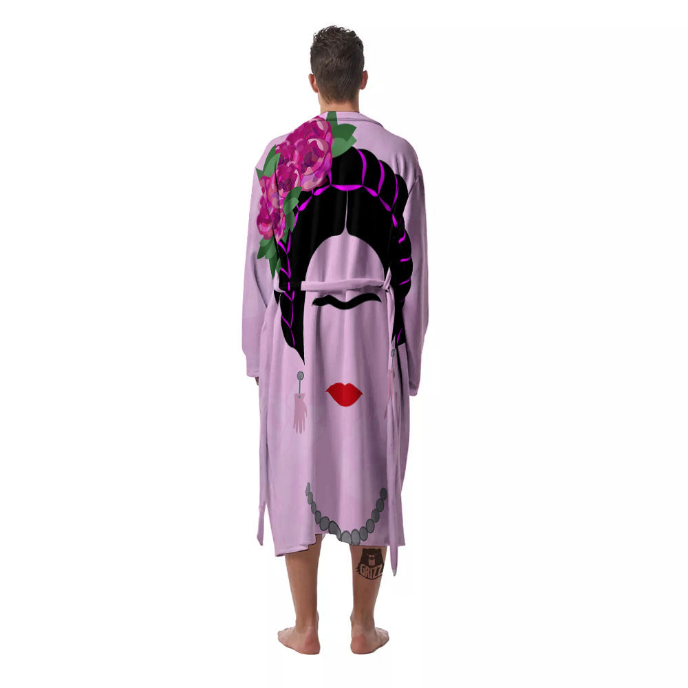 Pink Flower And Frida Kahlo Print Men's Robe-grizzshop