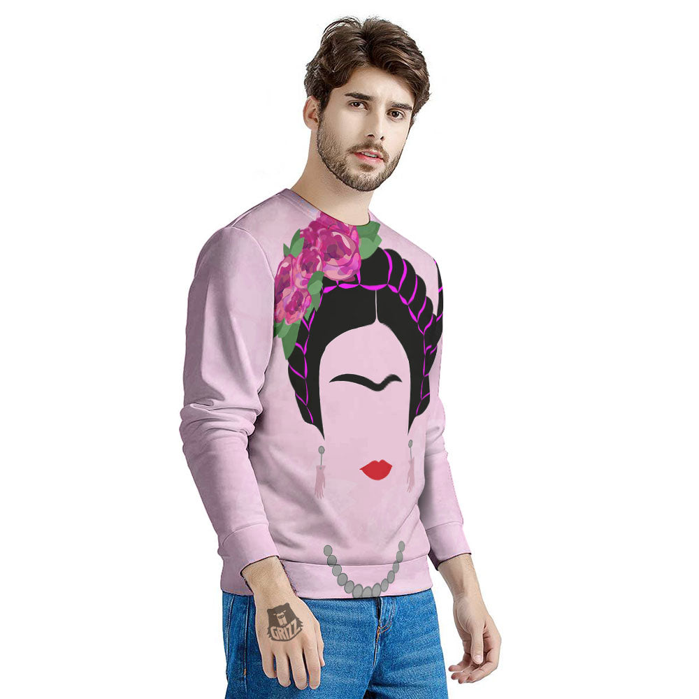 Pink Flower And Frida Kahlo Print Men's Sweatshirt-grizzshop