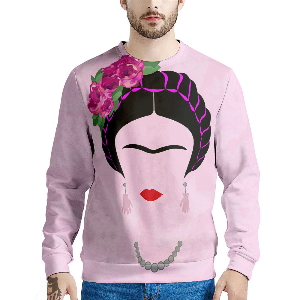 Pink Flower And Frida Kahlo Print Men's Sweatshirt-grizzshop