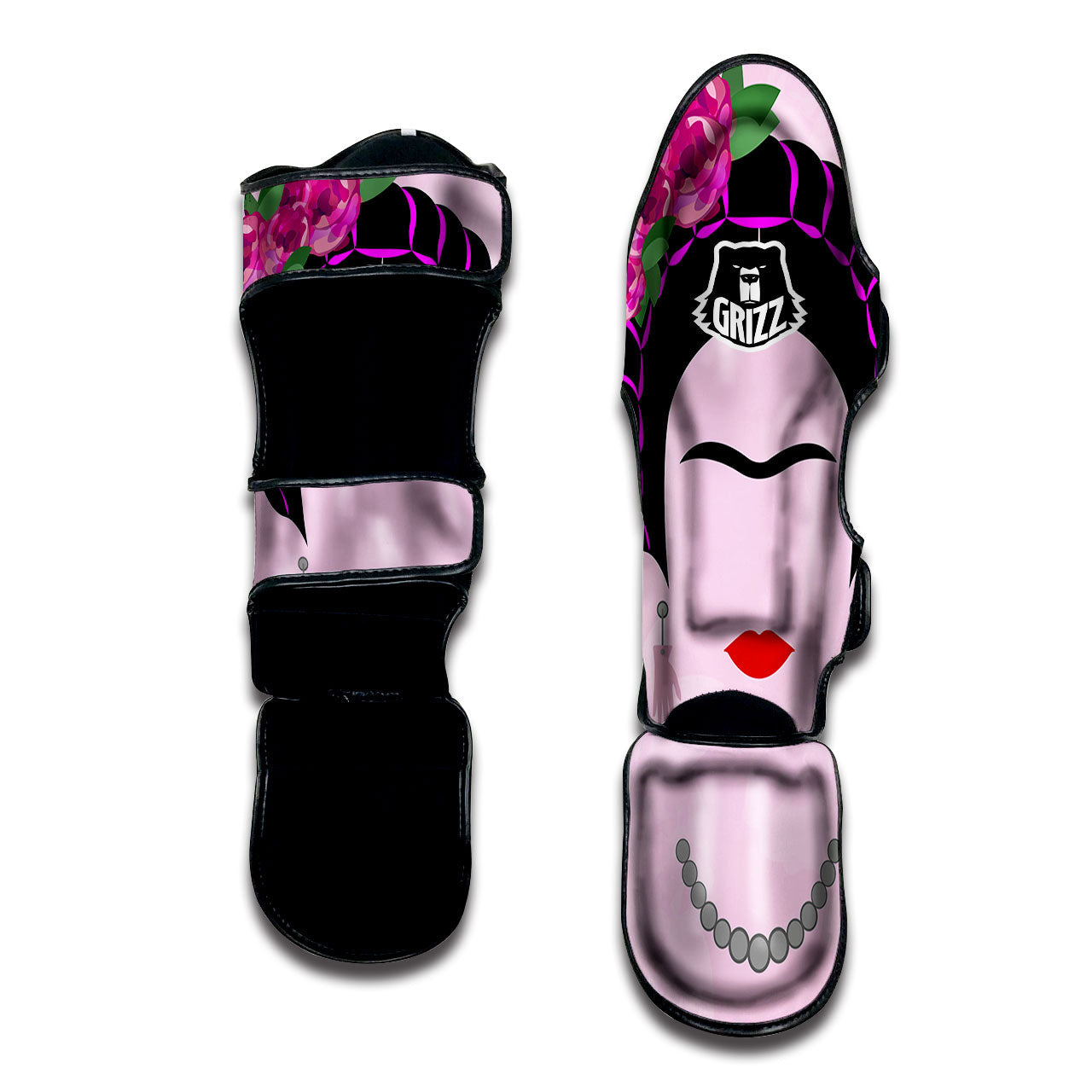 Pink Flower And Frida Kahlo Print Muay Thai Shin Guards-grizzshop