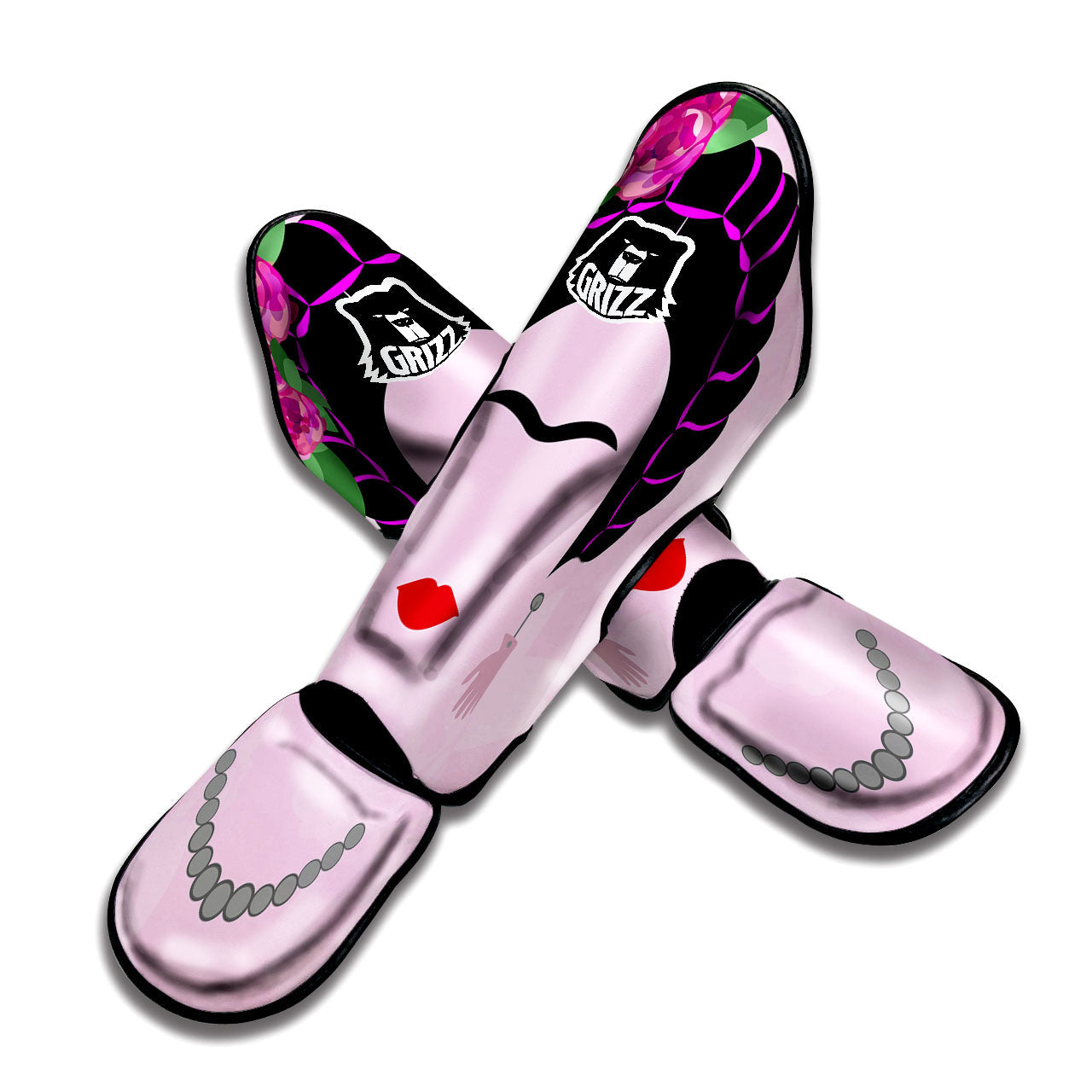 Pink Flower And Frida Kahlo Print Muay Thai Shin Guards-grizzshop