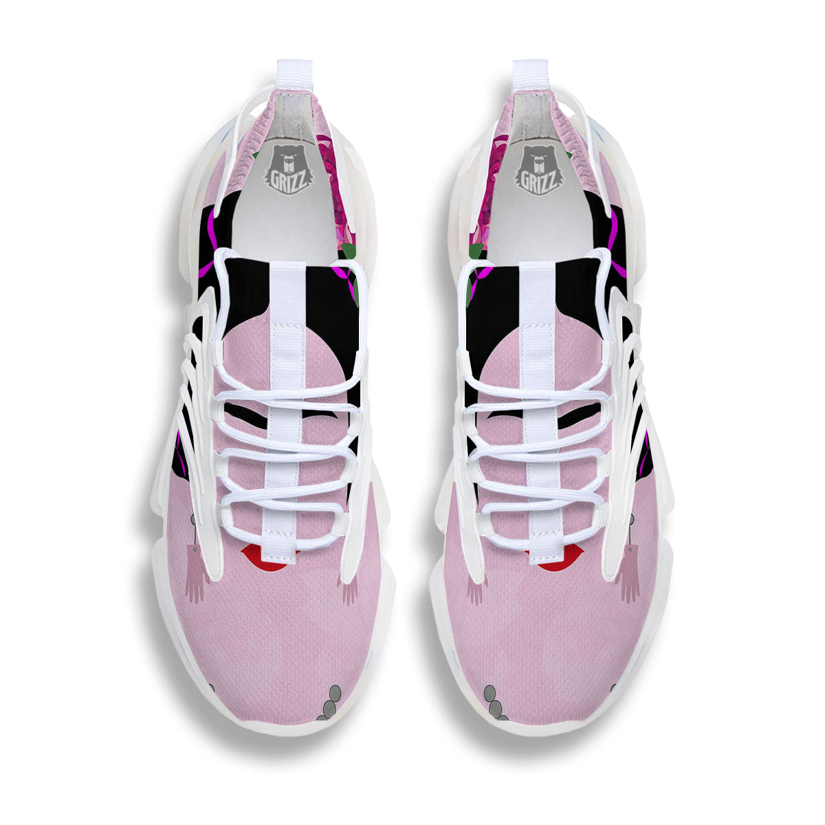 Pink Flower And Frida Kahlo Print White Gym Shoes-grizzshop