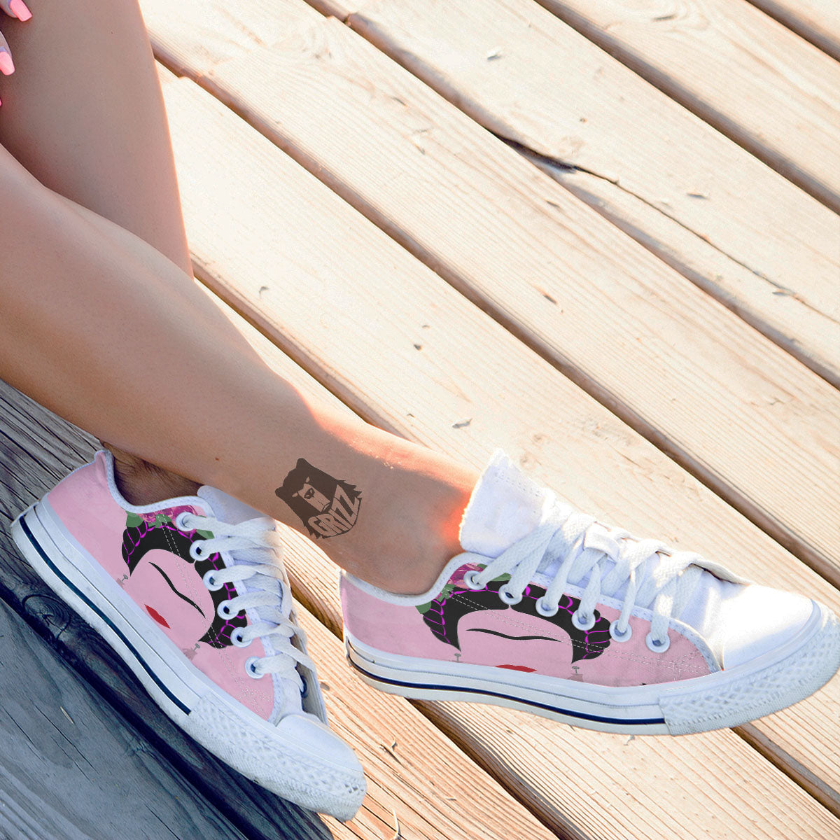 Pink Flower And Frida Kahlo Print White Low Top Shoes-grizzshop