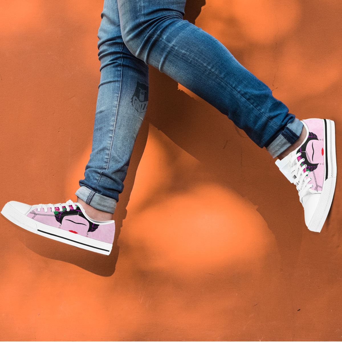 Pink Flower And Frida Kahlo Print White Low Top Shoes-grizzshop