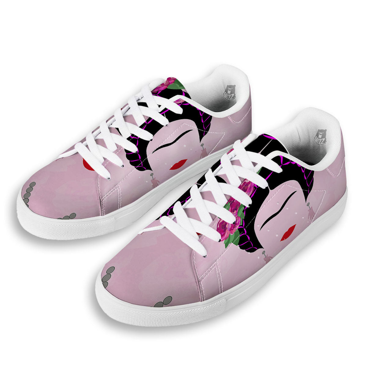 Pink Flower And Frida Kahlo Print White Low Top Sneakers-grizzshop