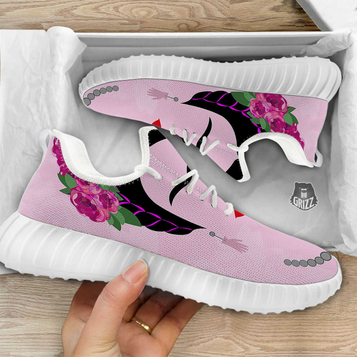 Pink Flower And Frida Kahlo Print White Walking Shoes-grizzshop