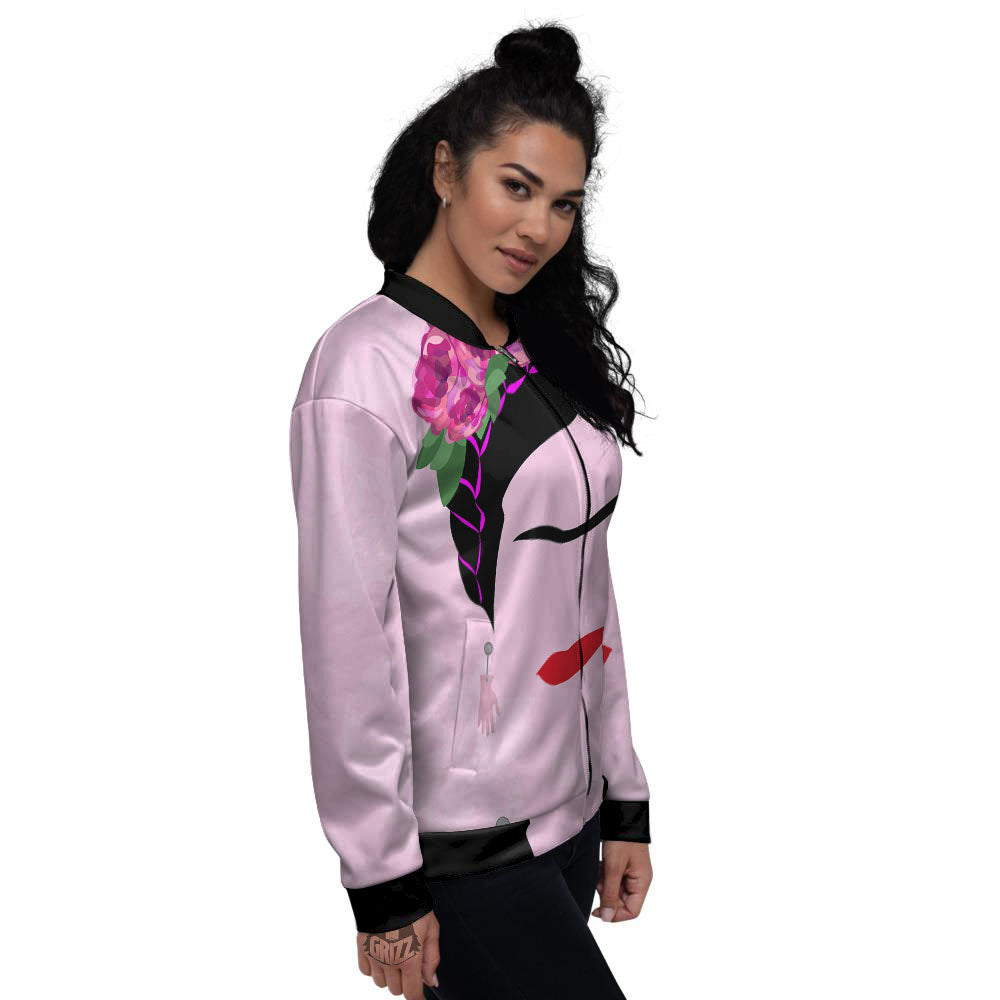 Pink Flower And Frida Kahlo Print Women's Bomber Jacket-grizzshop