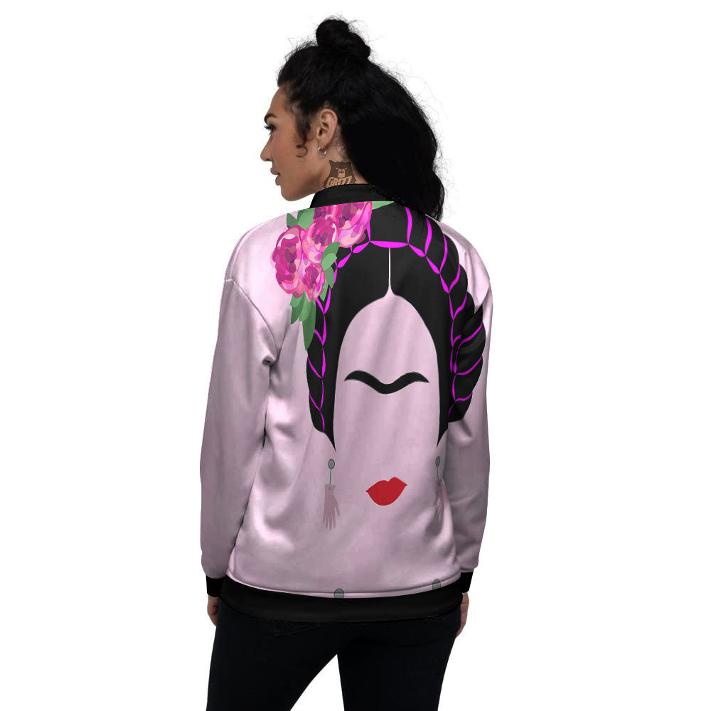Pink Flower And Frida Kahlo Print Women's Bomber Jacket-grizzshop