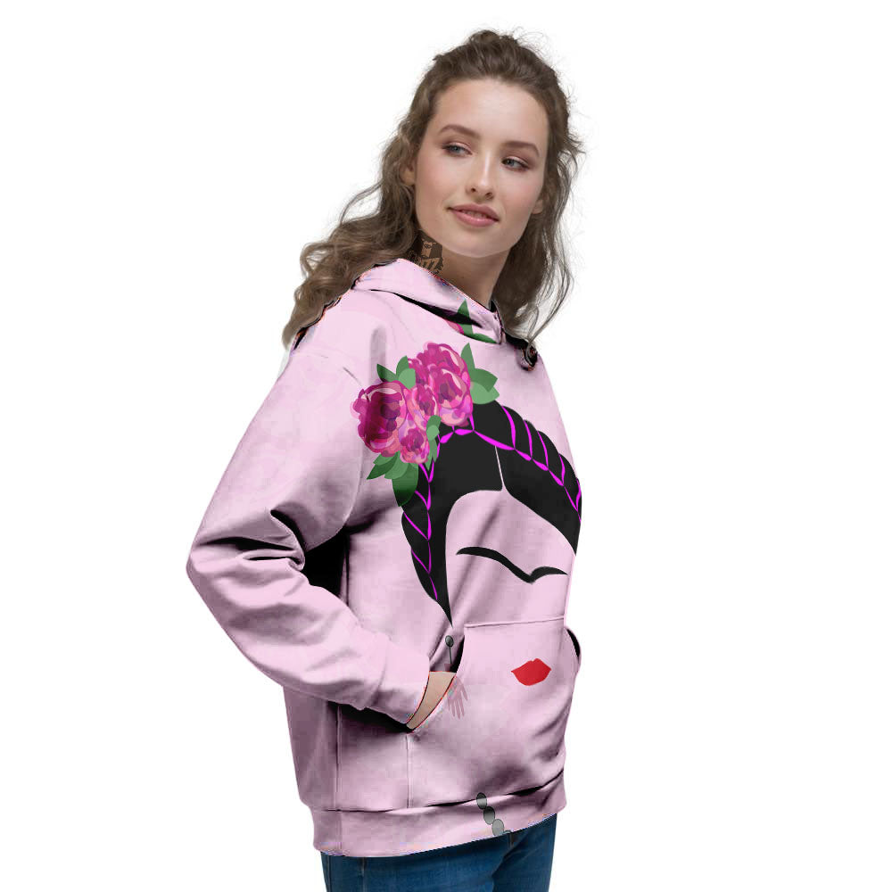 Pink Flower And Frida Kahlo Print Women's Hoodie-grizzshop