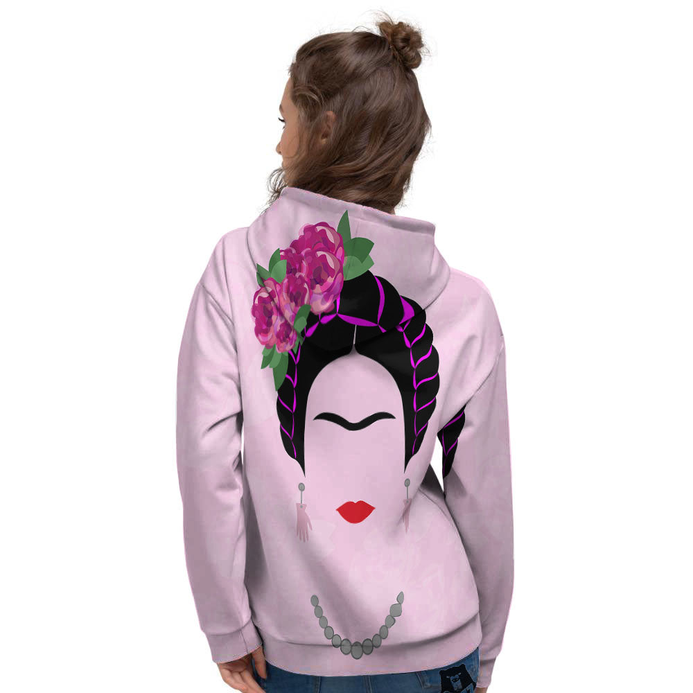Pink Flower And Frida Kahlo Print Women's Hoodie-grizzshop