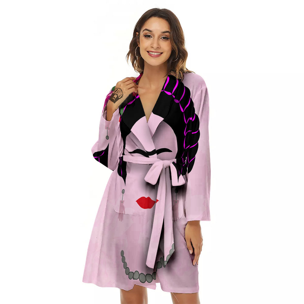 Pink Flower And Frida Kahlo Print Women's Robe-grizzshop
