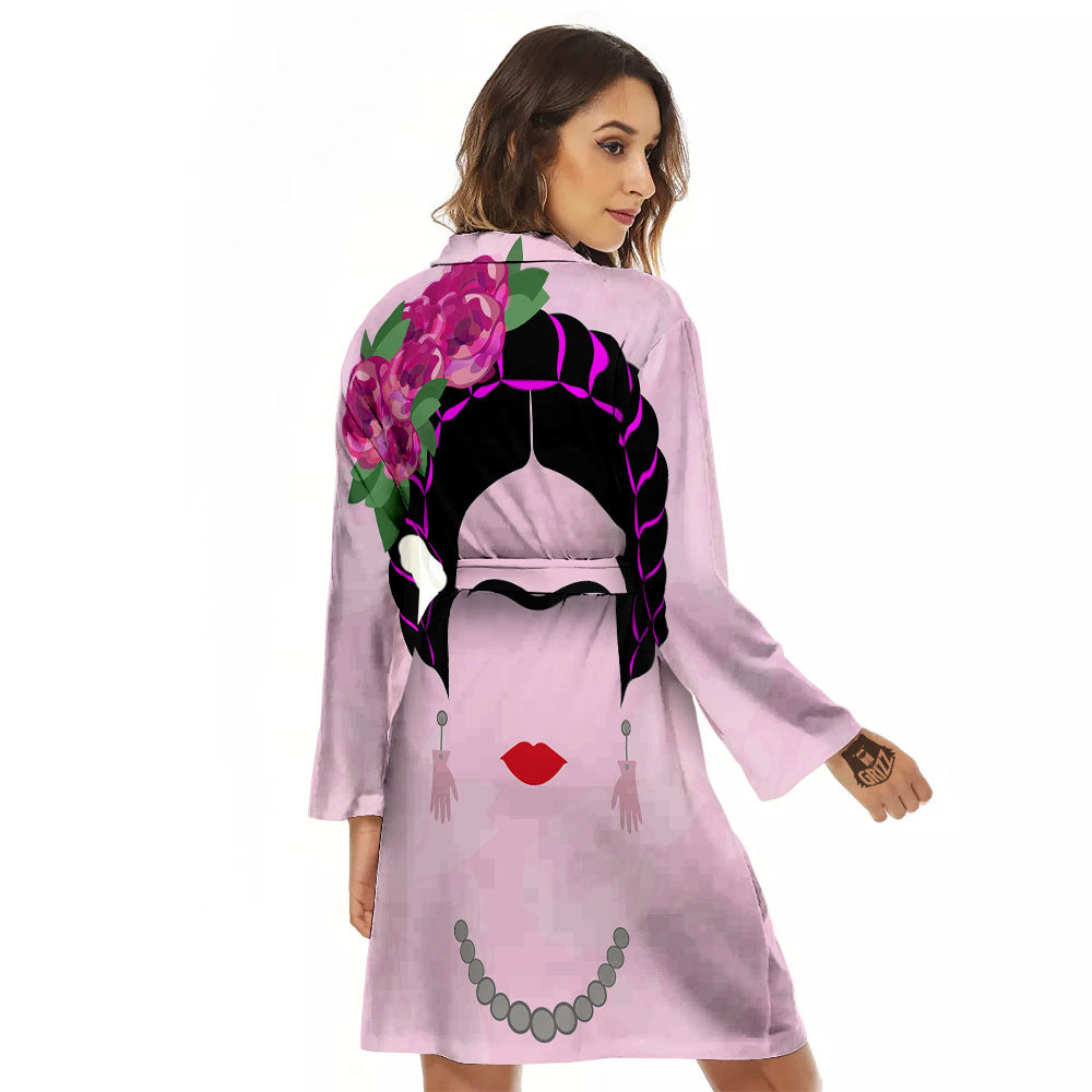 Pink Flower And Frida Kahlo Print Women's Robe-grizzshop