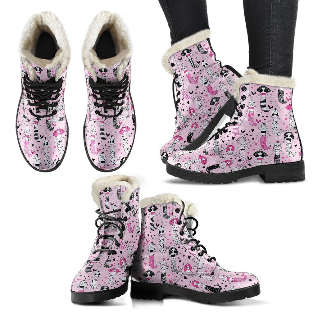 Pink Girly Mermaid Teal Scales Pattern Print Comfy Winter Boots-grizzshop