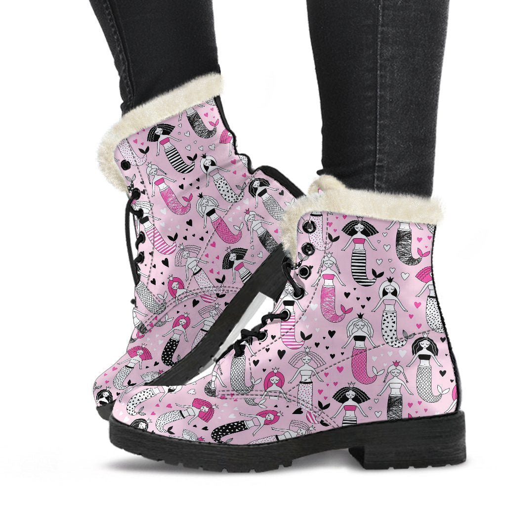 Pink Girly Mermaid Teal Scales Pattern Print Comfy Winter Boots-grizzshop