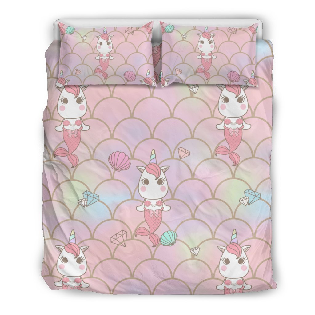 Pink Girly Mermaid Unicorn Teal Scales Pattern Print Duvet Cover Bedding Set-grizzshop