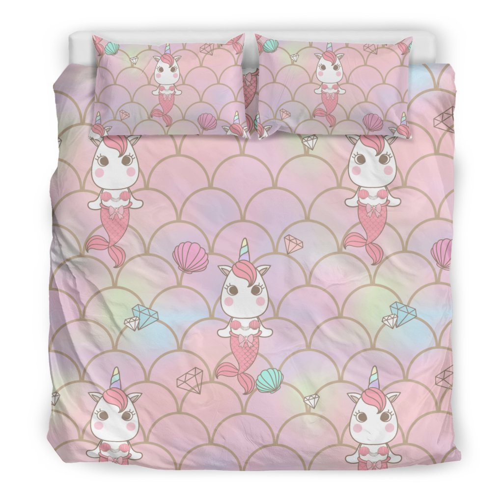 Pink Girly Mermaid Unicorn Teal Scales Pattern Print Duvet Cover Bedding Set-grizzshop