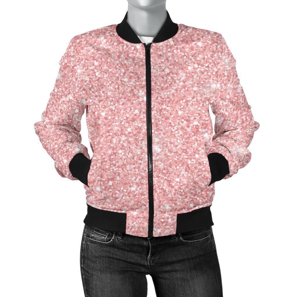 Pink Glitter Pattern Print Women Casual Bomber Jacket-grizzshop