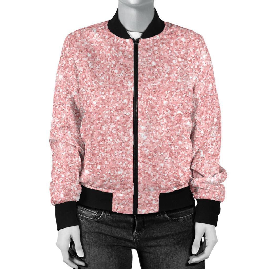 Pink Glitter Pattern Print Women Casual Bomber Jacket-grizzshop