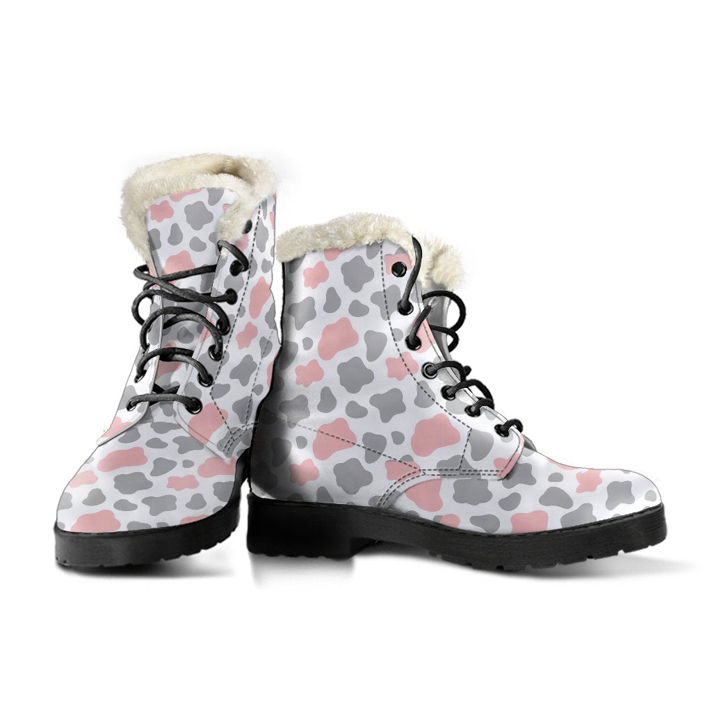 Pink Gray Cow Pattern Print Comfy Winter Boots-grizzshop