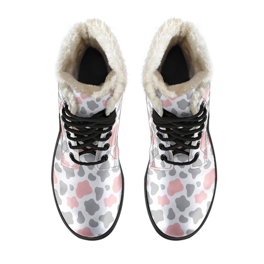 Pink Gray Cow Pattern Print Comfy Winter Boots-grizzshop