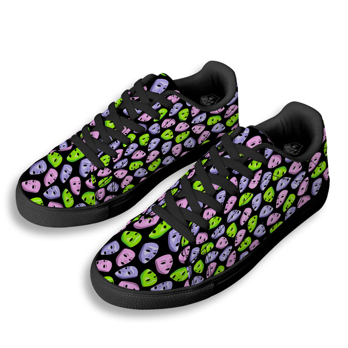 Pink Green And Purple Theater Masks Print Pattern Black Low Top Sneakers-grizzshop