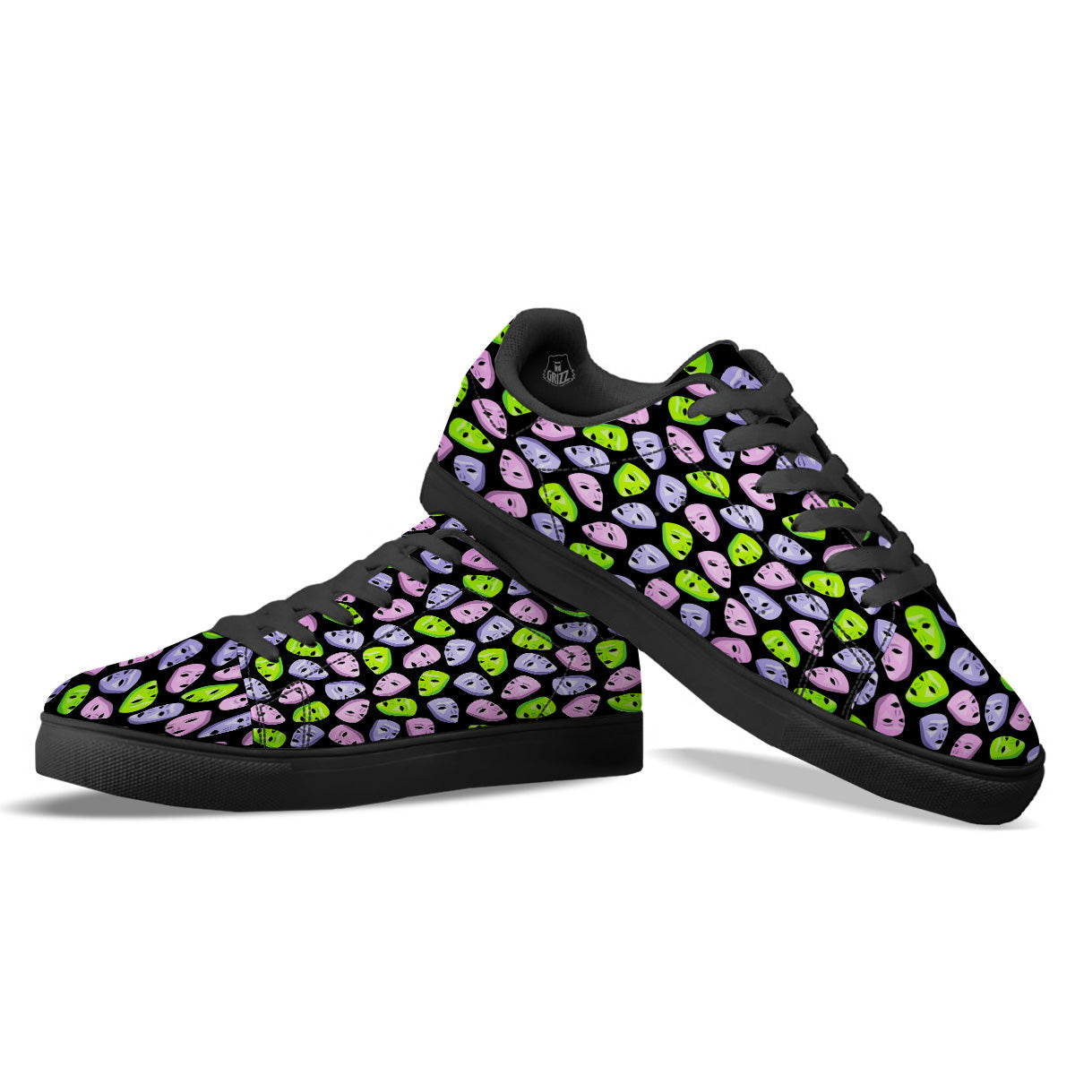 Pink Green And Purple Theater Masks Print Pattern Black Low Top Sneakers-grizzshop