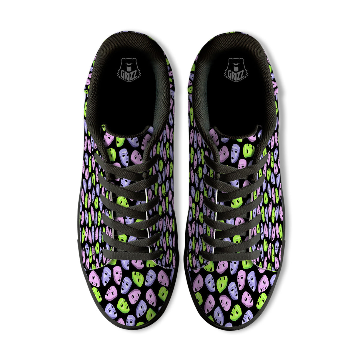 Pink Green And Purple Theater Masks Print Pattern Black Low Top Sneakers-grizzshop