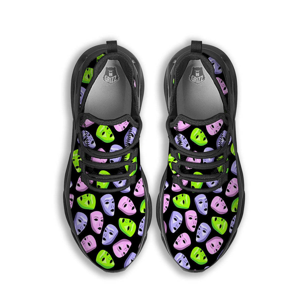 Pink Green And Purple Theater Masks Print Pattern Black Running Shoes-grizzshop