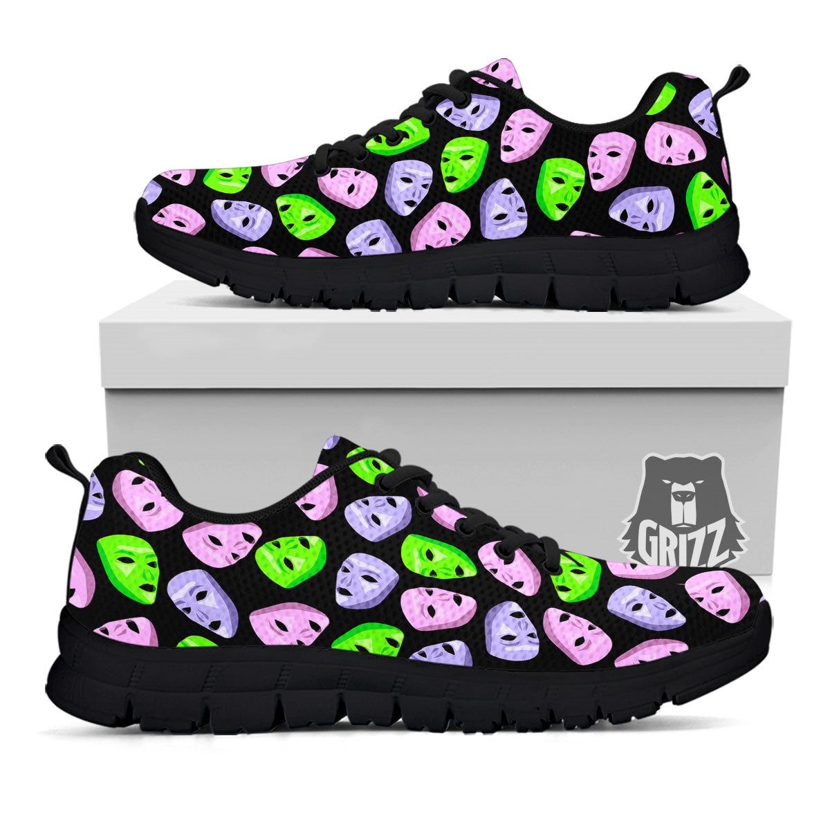 Pink Green And Purple Theater Masks Print Pattern Black Sneaker-grizzshop