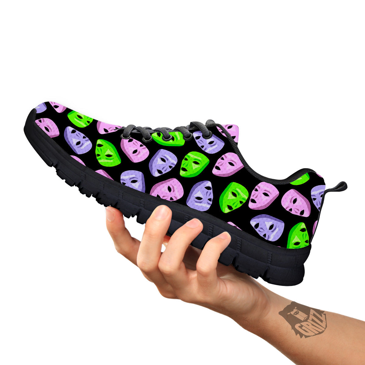 Pink Green And Purple Theater Masks Print Pattern Black Sneaker-grizzshop