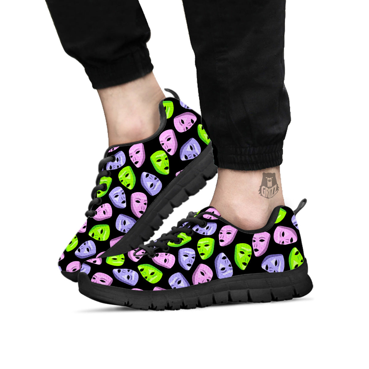 Pink Green And Purple Theater Masks Print Pattern Black Sneaker-grizzshop