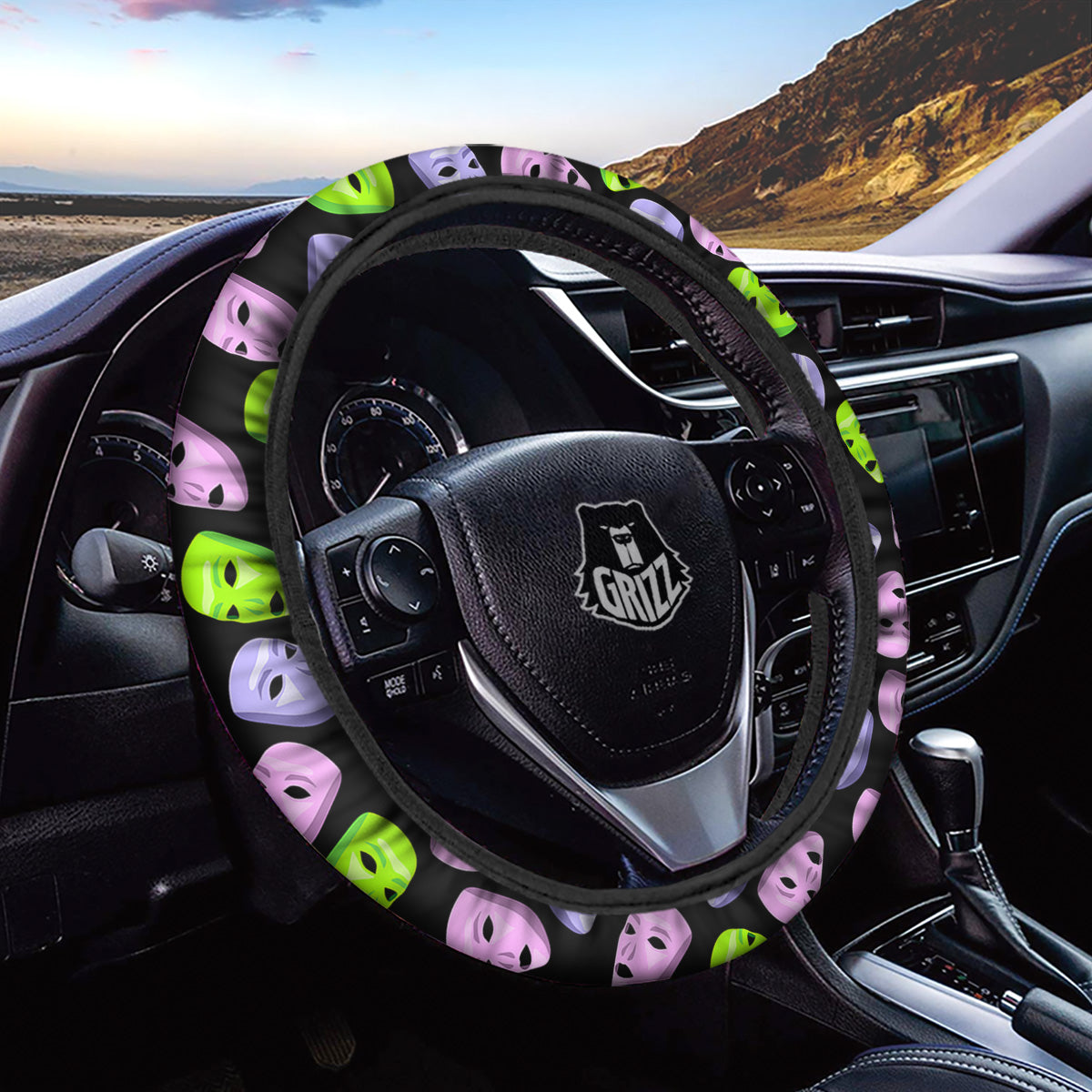 Pink Green And Purple Theater Masks Print Pattern Car Steering Wheel Cover-grizzshop