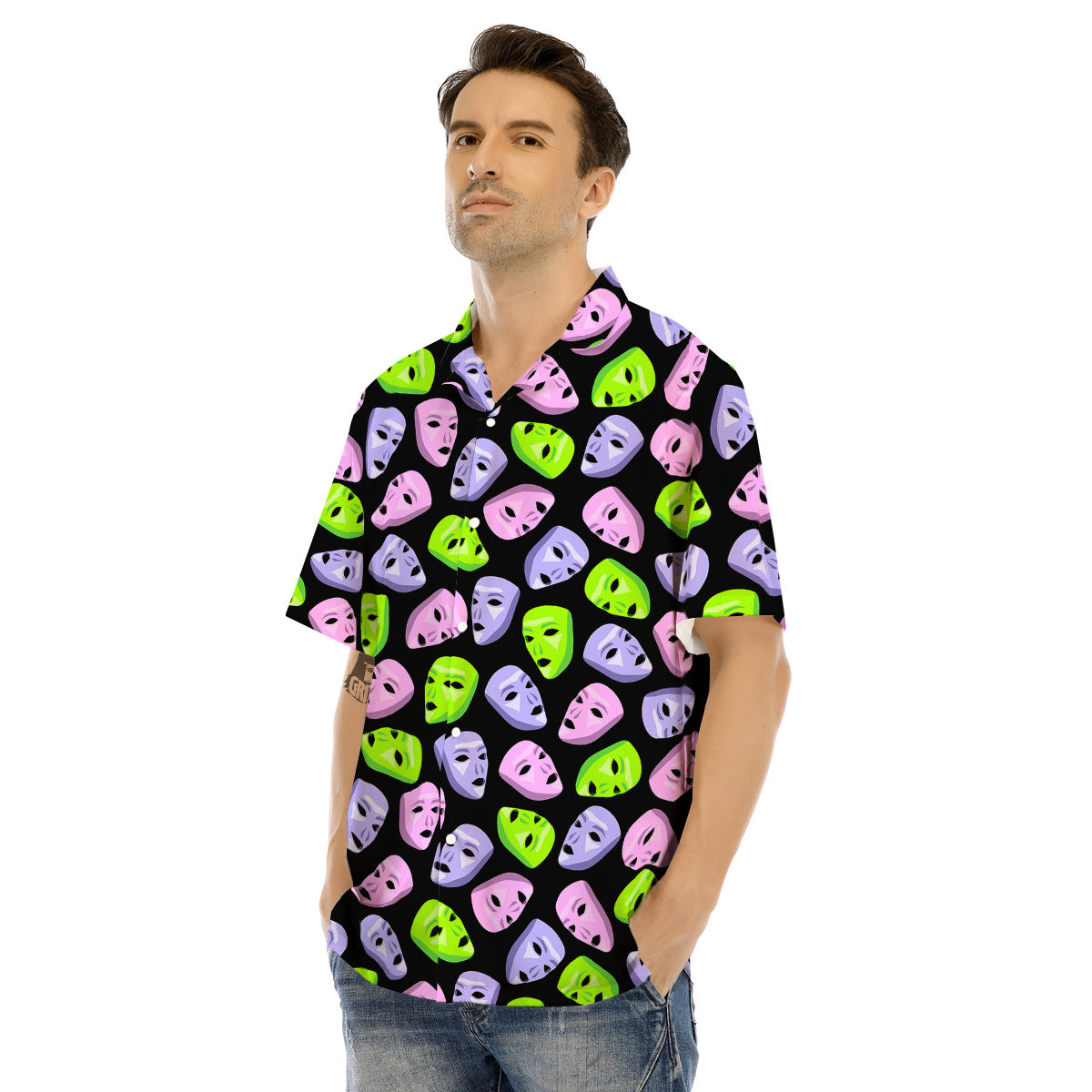 Pink Green And Purple Theater Masks Print Pattern Men's Hawaiian Shirt-grizzshop