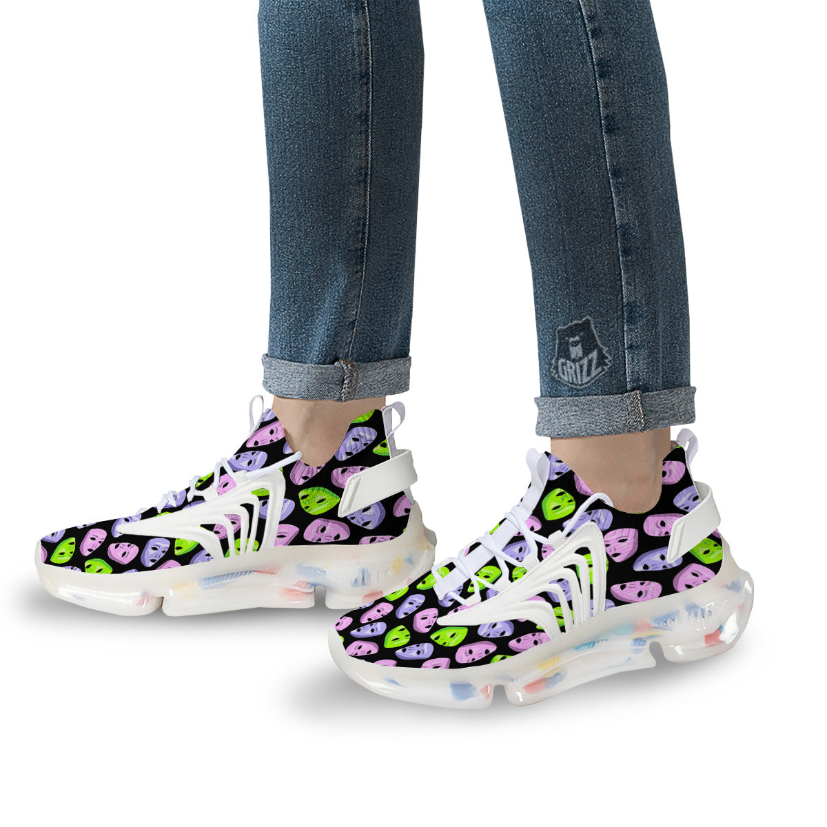 Pink Green And Purple Theater Masks Print Pattern White Gym Shoes-grizzshop