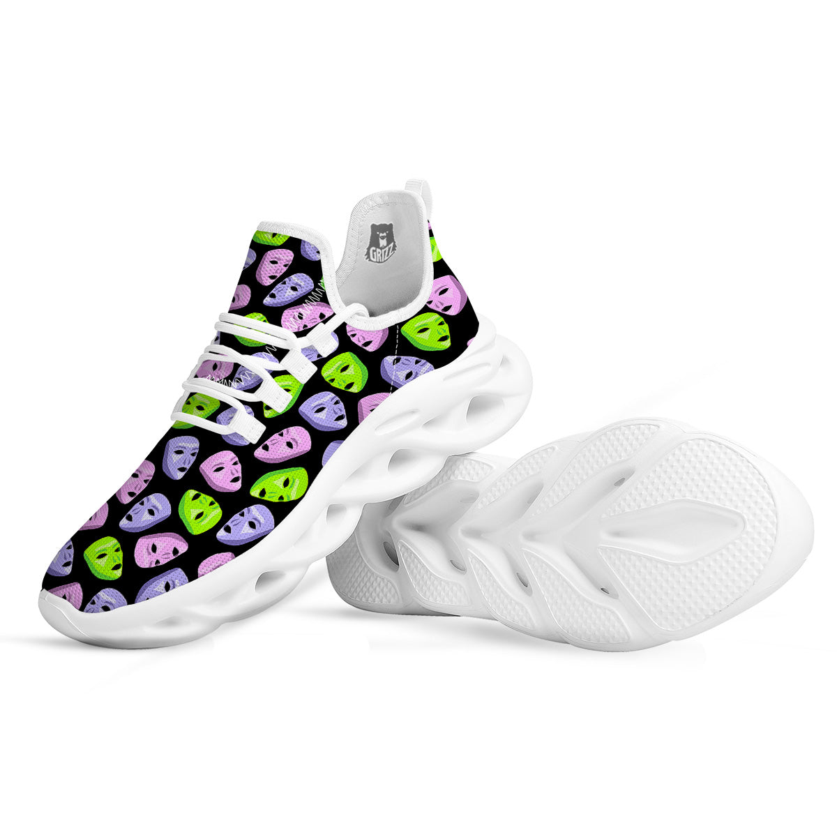 Pink Green And Purple Theater Masks Print Pattern White Running Shoes-grizzshop