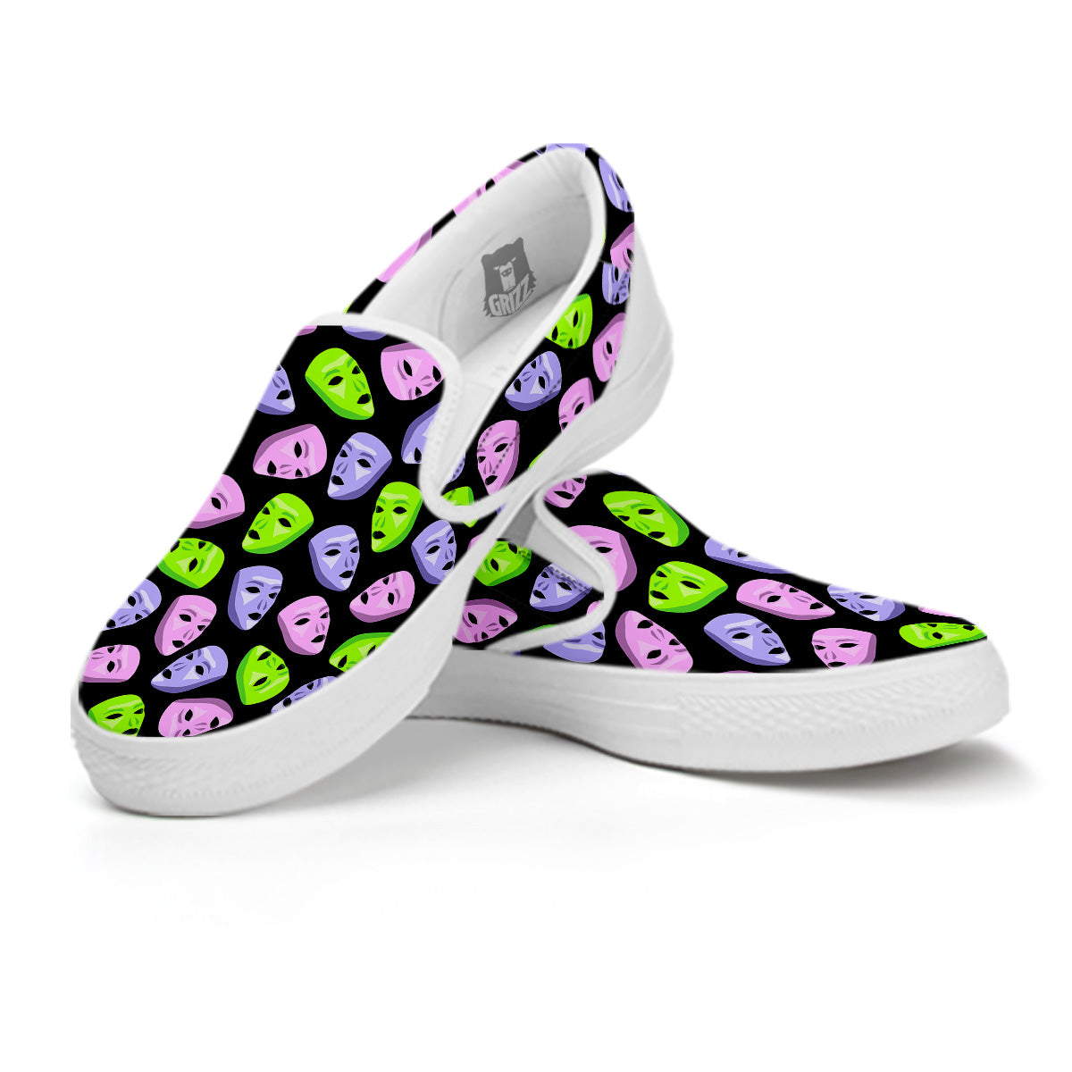 Pink Green And Purple Theater Masks Print Pattern White Slip On Shoes-grizzshop