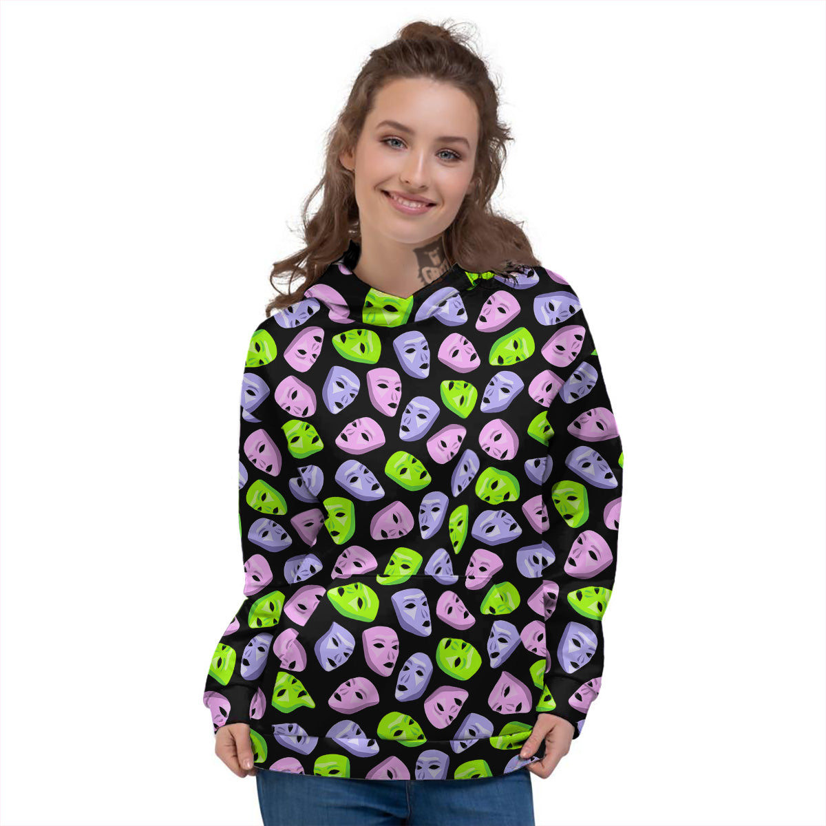 Pink Green And Purple Theater Masks Print Pattern Women's Hoodie-grizzshop