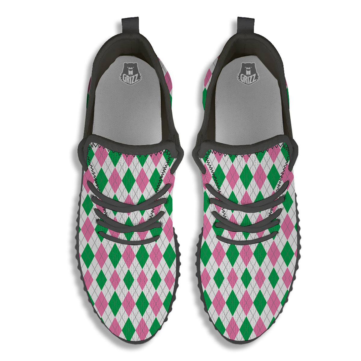 Pink Green And White Argyle Print Black Walking Shoes-grizzshop