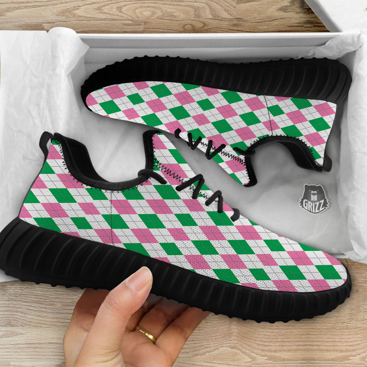 Pink Green And White Argyle Print Black Walking Shoes-grizzshop