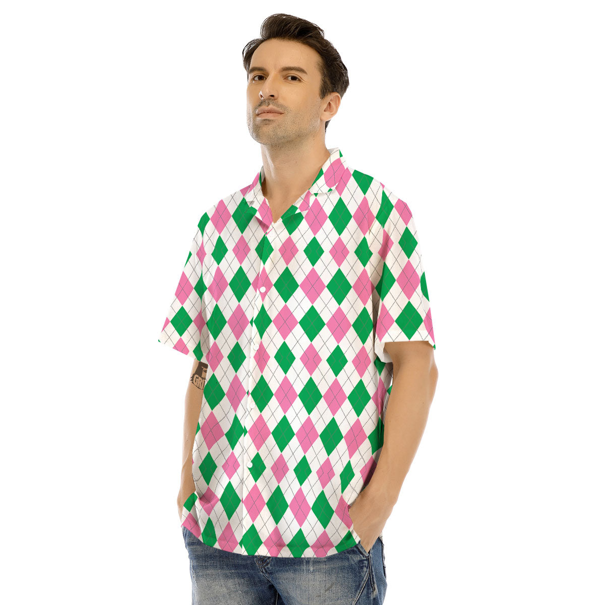 Pink Green And White Argyle Print Men's Hawaiian Shirt-grizzshop