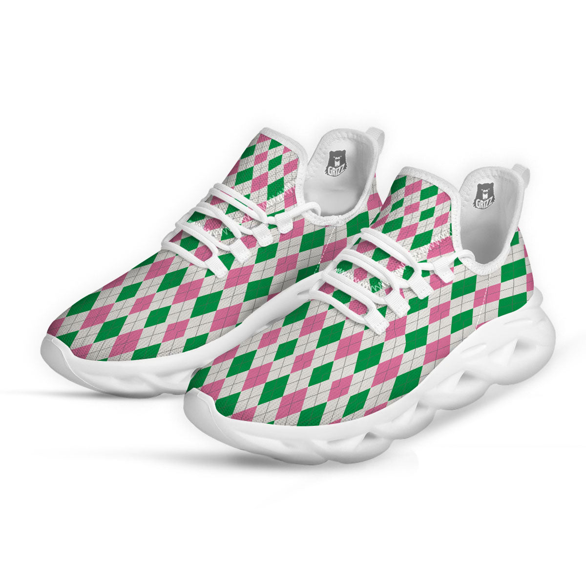 Pink Green And White Argyle Print White Running Shoes-grizzshop