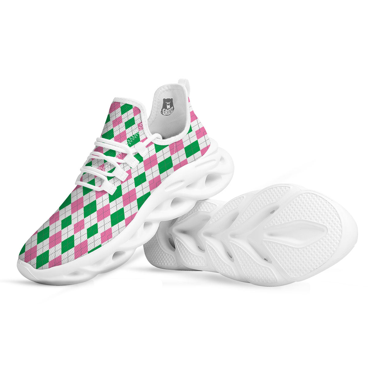Pink Green And White Argyle Print White Running Shoes-grizzshop