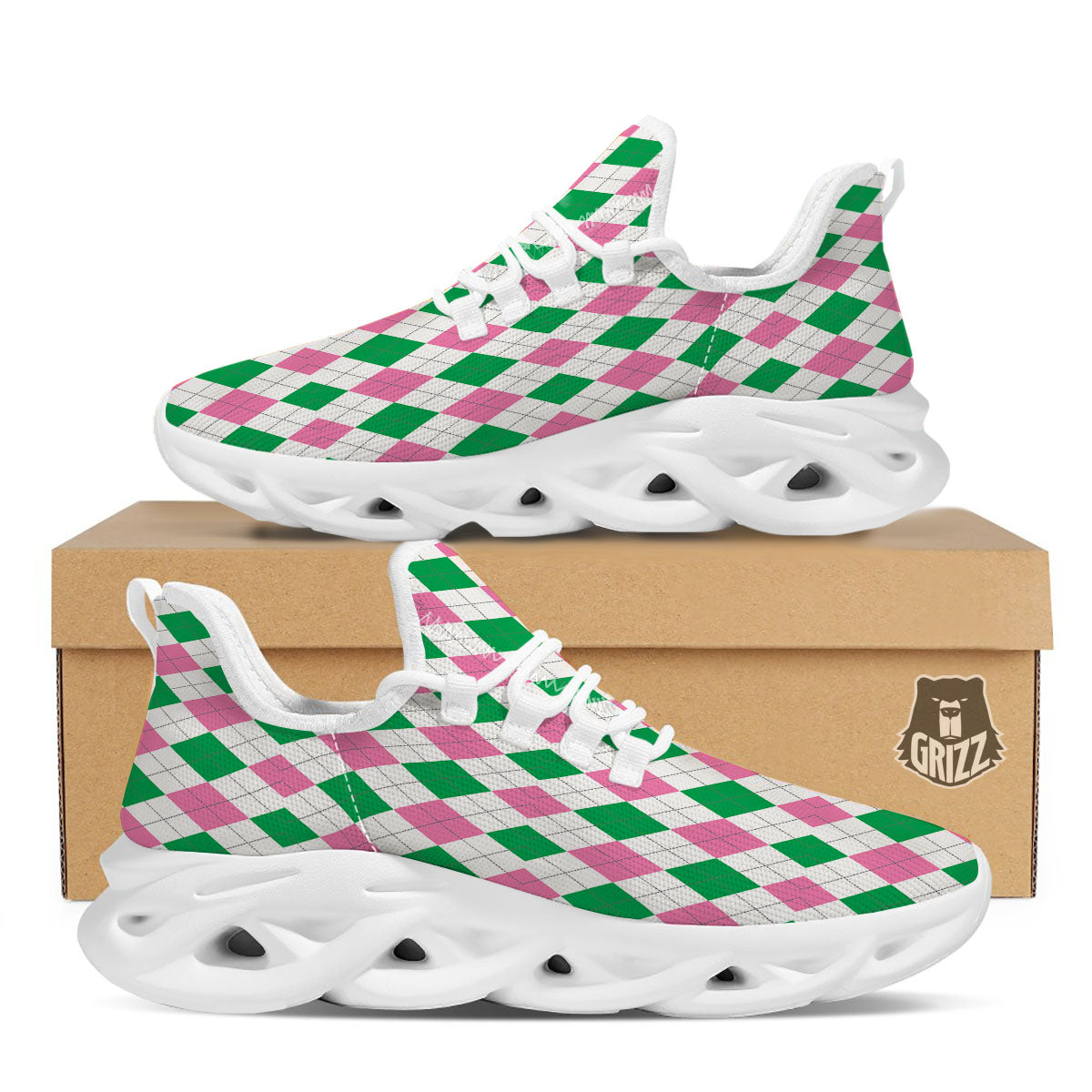 Pink Green And White Argyle Print White Running Shoes-grizzshop