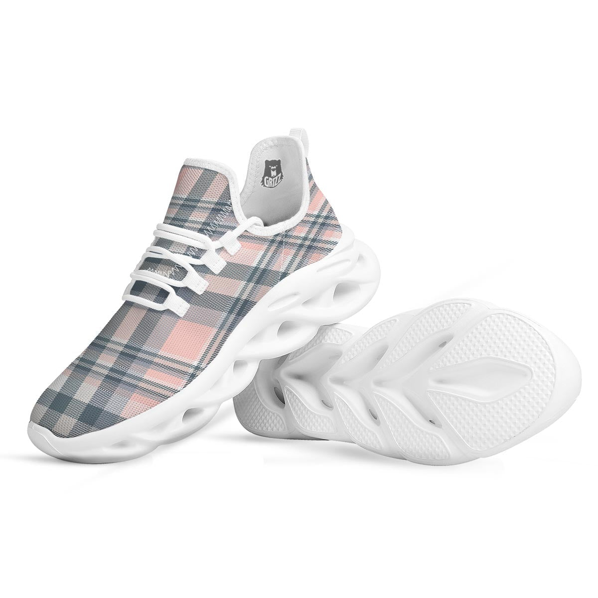 Pink Grey Plaid Tartan White Running Shoes-grizzshop