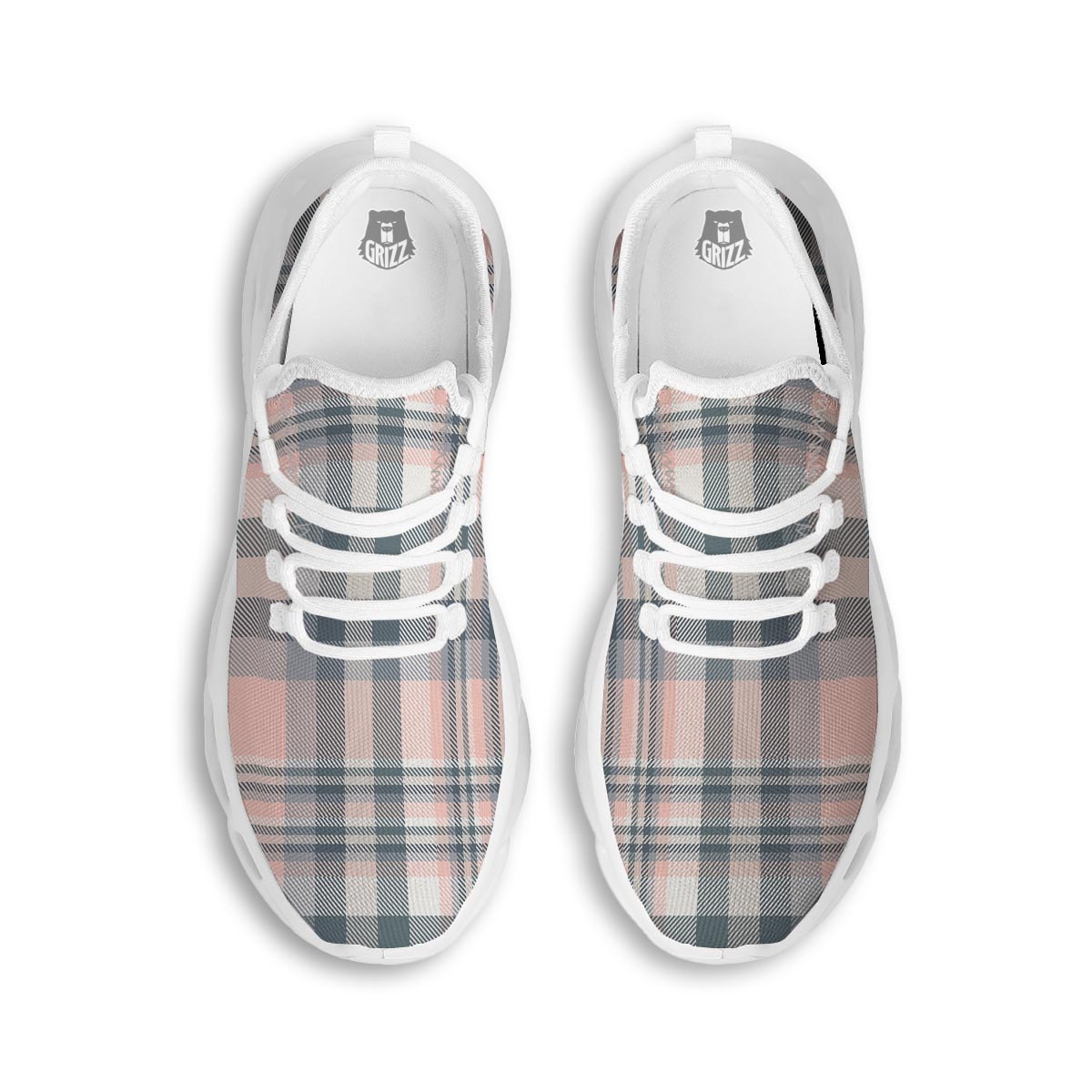 Pink Grey Plaid Tartan White Running Shoes-grizzshop