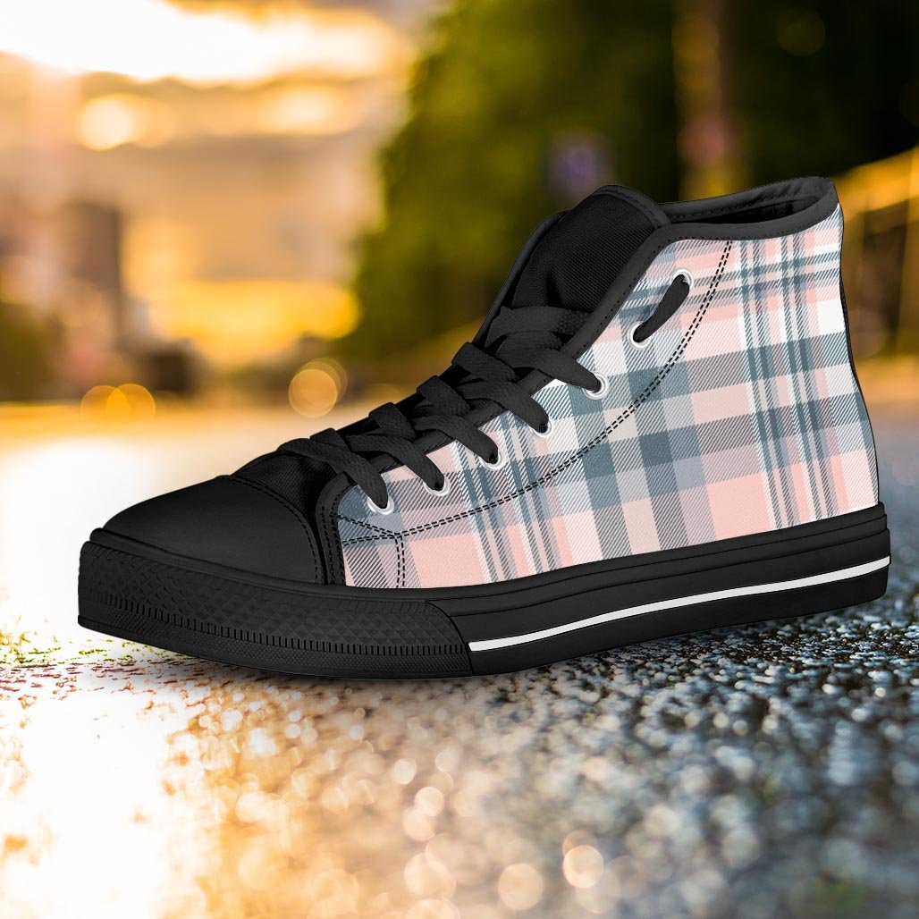 Pink Grey Plaid Tartan Women's High Top Shoes-grizzshop