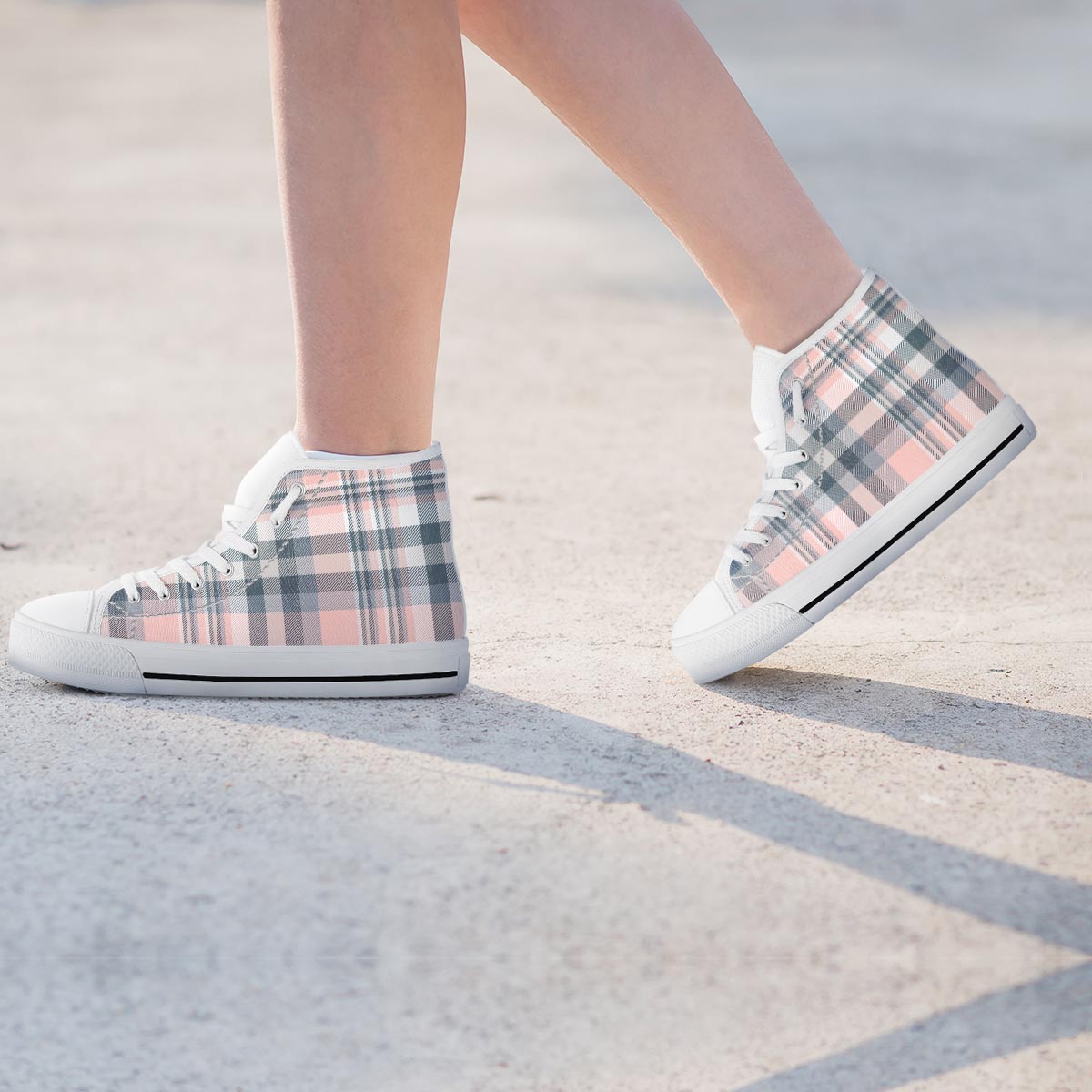 Pink Grey Plaid Tartan Women's High Top Shoes-grizzshop
