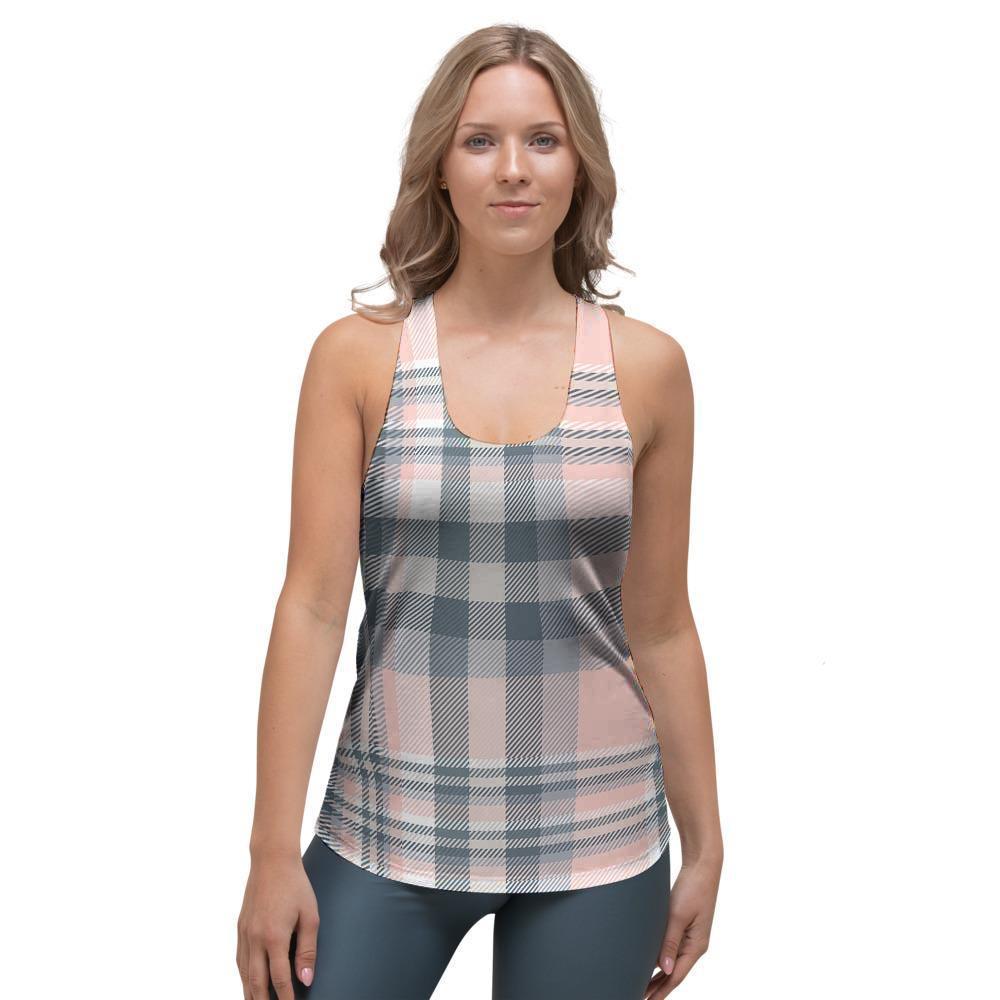Pink Grey Plaid Tartan Women's Racerback Tank Top-grizzshop