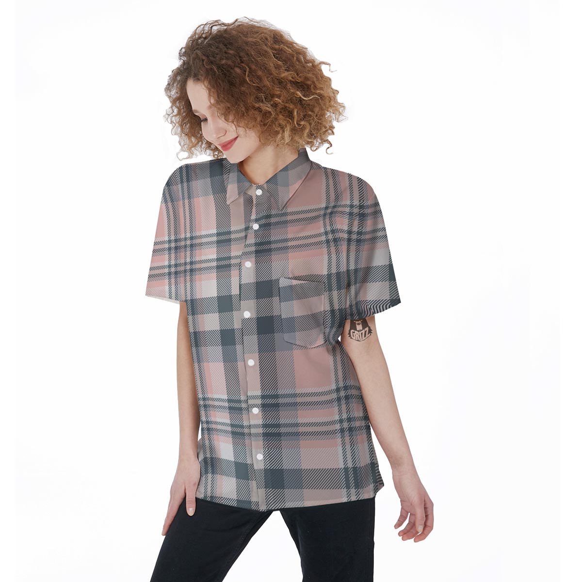 Pink Grey Plaid Tartan Women's Short Sleeve Shirts-grizzshop